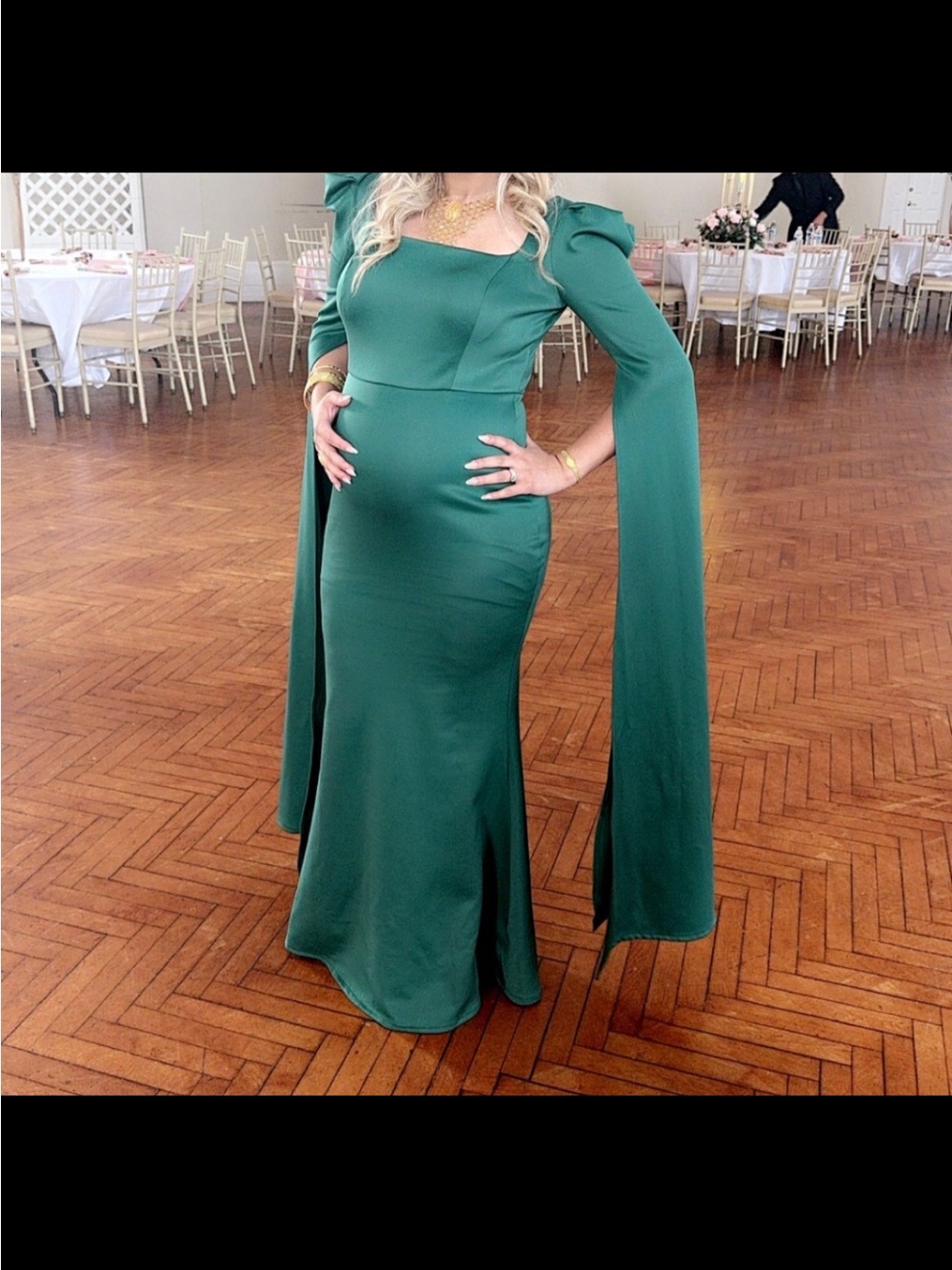 Satin-Finish Emerald Green Maxi Dress with Dramatic Cape Sleeves